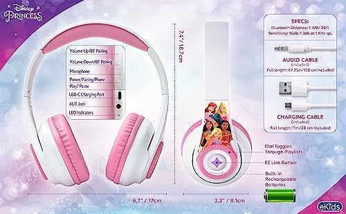 Magical Disney Princess Wireless Bluetooth Headphones for Kids – Comfortable On-Ear Earphones with Built-in Microphone and EZ Link+ Technology for Interactive Learning, Travel, and Play – Safe Volume Limit and Durable Design for Young Music Lovers