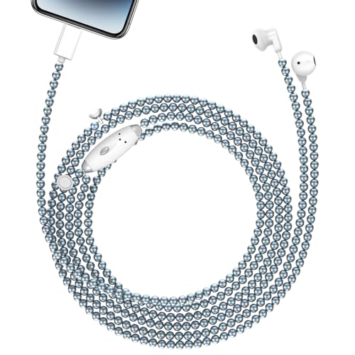 Hian Dier Chic Pearl Necklace Earbuds for i Phone – Stylish Muted Blue Wired Headphones with Crystal-Clear HD Voice Mic and Magnetic Storage – Fashion-Forward Audio Accessory for Women Compatible with i Phone Models 14/13/12/11/XR/XS/X/8/7 – Elevate Your Listening Experience with Fashion and Functionality