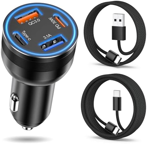 High-Powered 4-Port 65 W USB C Car Charger for Fast Charging – Dual USB-C & USB-A Ports with Included Car Play Cables, Compatible with i Phone 16/15/14/13/12 Pro Max, i Pad, Samsung S25 – Ultimate Solution for Road Trips and Daily Commutes