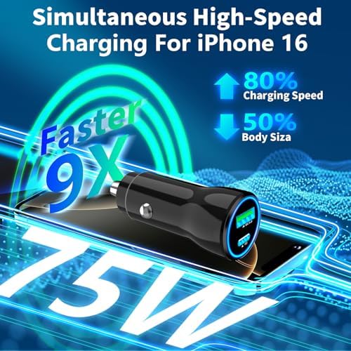 Rombica 105 W MFi Certified Dual USB-C & USB-A Fast Car Charger for i Phone 16 Pro Max – Ultimate Portable Power Solution with 6 FT Coiled Type-C Cable for Rapid Charging on the Go, Perfect for Road Trips and Daily Commuting