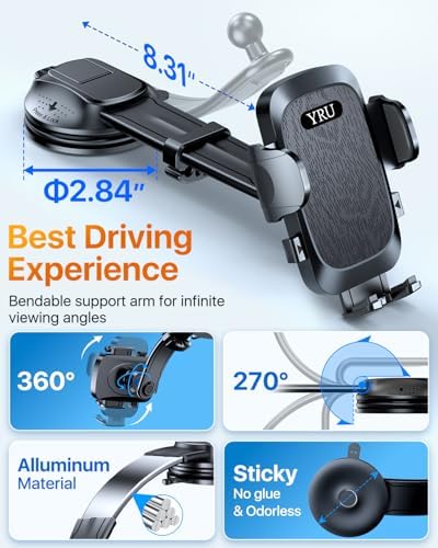 YRU 2025 Premium Adjustable Car Phone Holder Mount – Versatile Bendable Aluminum Arm for Secure Dashboard & Windshield Positioning – Universal Compatibility for i Phone 16, 15, 14, 13 Pro Max, Samsung & More – Sleek Black Design for Modern Vehicles – Effortless Tool-Free Installation – Enhance Navigation & Hands-Free Calling Experience