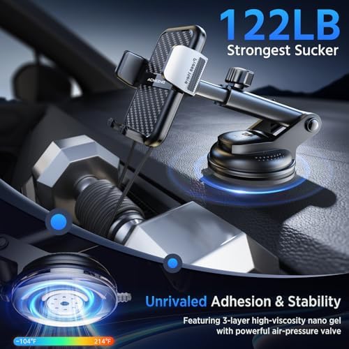 Ultimate 3-in-1 Car Phone Holder with 122+ LBS Suction Power & Adjustable Clamp for Stability – 360° Rotatable Dashboard & Vent Mount for All Smartphones – Effortless Installation & Enhanced Driving Safety in Sleek Black Design