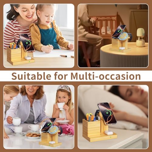 Eco-Friendly 4-in-1 Wireless Charging Dock with Pen Holder – Premium Bamboo Mag Safe Station for i Phone 12-16 Pro, Air Pods & Apple Watch – Fast Charging Solution for Home & Office, Perfect Gift for Tech Enthusiasts
