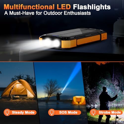 WONGKUO 49,800 m Ah Solar Power Bank – All-Weather Waterproof Charger with USB-C & QC 3.0 Fast Charging, Built-in 4 Cables & LED Flashlight for Outdoor Adventures, Ultimate Portable Battery Solution for Camping & Hiking