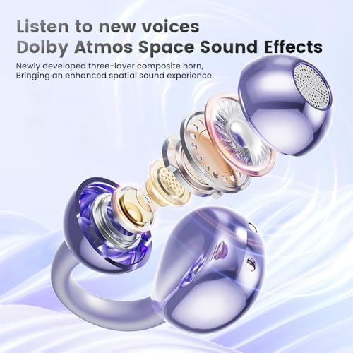 Elevate Your Audio Experience with Cutting-Edge Open Ear Clip Bluetooth 5.4 Earbuds – Ergonomic, IPX7 Waterproof Wireless Headphones Featuring 36-Hour Playtime, Built-In Microphone, and Stylish Purple Design for Active Lifestyles and Ultimate Comfort – Ideal for i OS & Android Users
