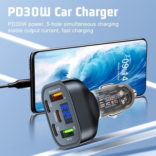 5-Port PD30 W Quick Charge USB-C Car Charger with LED Voltage Display – Ultimate Multi-Device Charging Solution for i Phone 16/15/14/13/12/11 Pro Max Plus & Samsung Galaxy S24/S23 – Fast & Efficient Cigarette Lighter Adapter for On-the-Go Power