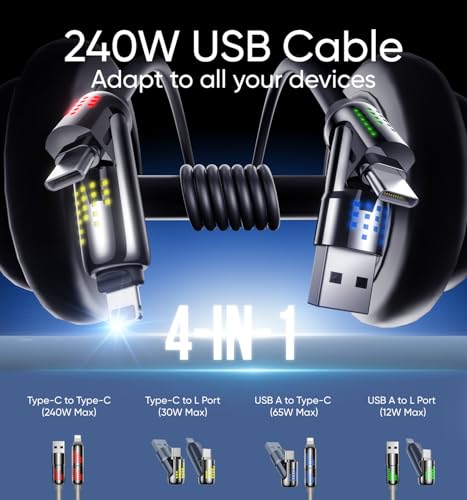 MAGIC JOHN 240W 4 in 1 Charging Cable, 4FT USB C to Lightning Cable [MFi Certified], Multi Chargers for All Devices, Chubby USB A/C to C/Lightning with Light for iPhone/MacBook/iPad/Samsung/Switch 2 – Enhanced Compatibility and Speed