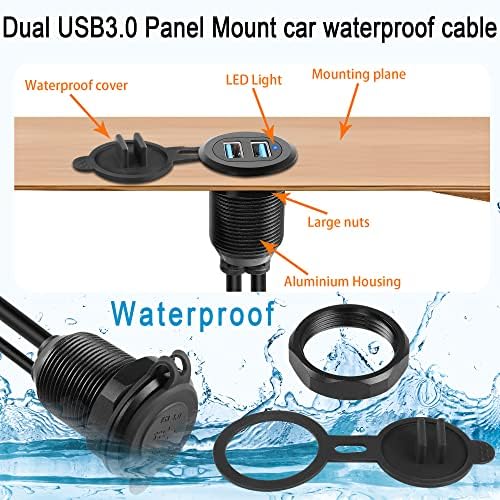 Revolutionize Your Vehicle’s Connectivity with QIANRENON Waterproof Dual USB 3.0 Extension Cable – 2 Male to 2 Female Configuration, 6.5 ft Length, LED-Illuminated Aluminum Housing for Secure Instrument Panel Mounting, Perfect for Cars, Boats, and Motorbikes