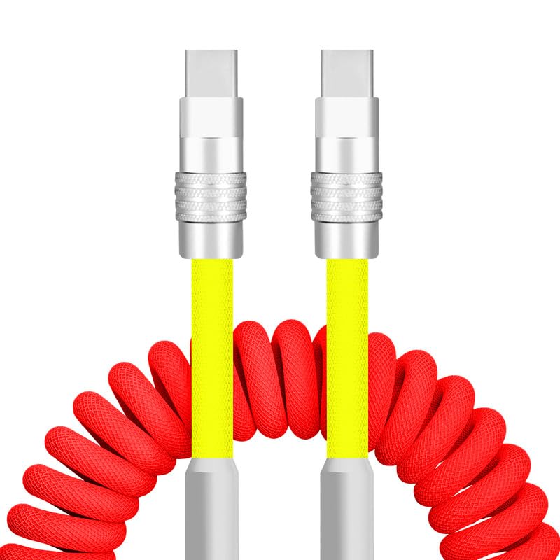 Dynamic Curly Chubby Coiled USB C Cable: 240 W Fast Charge Retractable Spiral Braid Cord for Carplay & Android Auto, Versatile Length 2.29 FT to 3.6 FT, Sleek Black and Red Design, Enhanced Compatibility for All USB-A to Type-C Devices