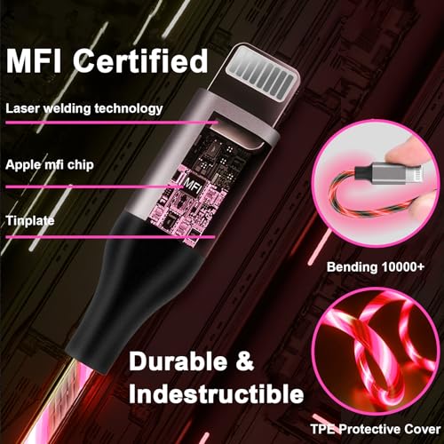 Illuminate Your Charging Experience: 6 ft LED Light-Up MFi Certified i Phone Charger Cable – Fast Charging for i Phone 14, 13, 12, 11 Pro Max, XR, X, SE, 8 Plus, i Pad & i Pod (Vibrant Purple) – Stylish, Durable, and Convenient Performance