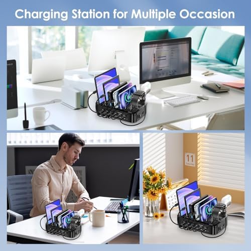 Ultimate 90 W Multi-Device Charging Station – 6-Port Organizer with 3 PD 20 W USB-C Fast Charge Capability for i Phones, i Pads, Tablets, Kindles, and More – Includes 6 Versatile Cables, Air Pods and Apple Watch Holders – Streamlined Design for Enhanced Efficiency and Space Management