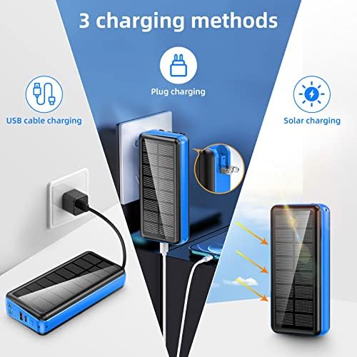 Ultra-Reliable 50,000 m Ah Solar Power Bank with Built-in Cable and Wall Plug | 30 W Fast Charging External Battery Pack with 5 Outputs, Dual LED Flashlights, and Integrated Phone Holder for On-the-Go Convenience (Blue) – Perfect for Travel and Outdoor Adventures