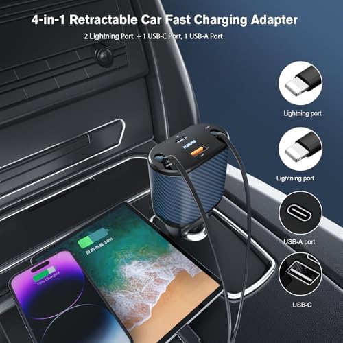 Experience Ultimate Power on the Road: PLDHPRO 80 W Retractable Car Charger – 4-in-1 Fast Charging Adapter with Dual Type-C Cables for i Phone 16, i Pad, and Samsung – Essential Vehicle Accessory for Efficient Charging and Easy Storage – Perfect Gift for Tech Enthusiasts and Travelers