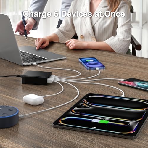 185 W USB-C Ga N Fast Charging Hub – 6-Port Multi-Device Power Charger for i Phone 15/14/13, Mac Book Pro/Air & i Pad Pro – Compact Travel & Office Solution for Rapid Device Charging – Efficient Power Delivery Station