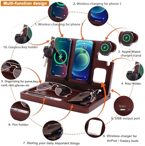 Eco-Friendly Wood Phone Docking Station with Dual 27 W Fast Charging for i Phone, Samsung, Apple Watch & Air Pods – Stylish Nightstand Organizer and Ideal Gift for Men and Women on Birthdays or Anniversaries