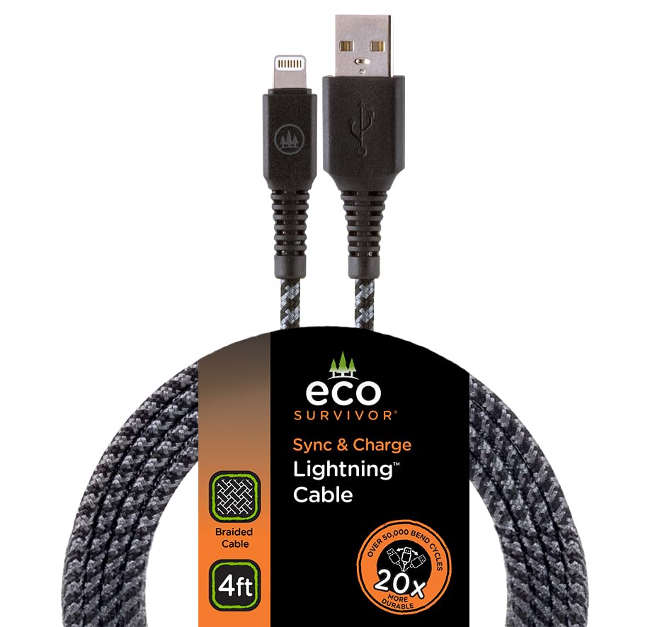 Eco Survivor 8 ft Lightning Charging Cable – MFi Certified, Durable USB-A to Lightning Connector for i Phone & i Pad Compatibility – Eco-Friendly, Enhanced Speed, Strain Relief Design – Perfect for Home & Travel Use