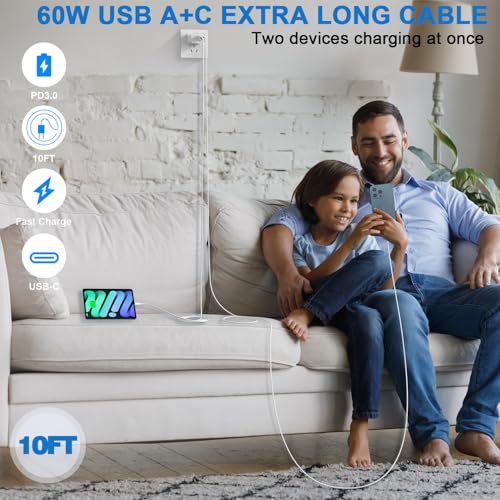 10 FT i Phone 16 e Fast Charging Kit: Dual-Port 20 W USB C + A Power Adapter with Extended 10-Foot Cable for Uninterrupted Charging of i Phone 16 Series & i Pad Pro/Air/Mini – Superior Speed & Compatibility for Home, Office, and Travel