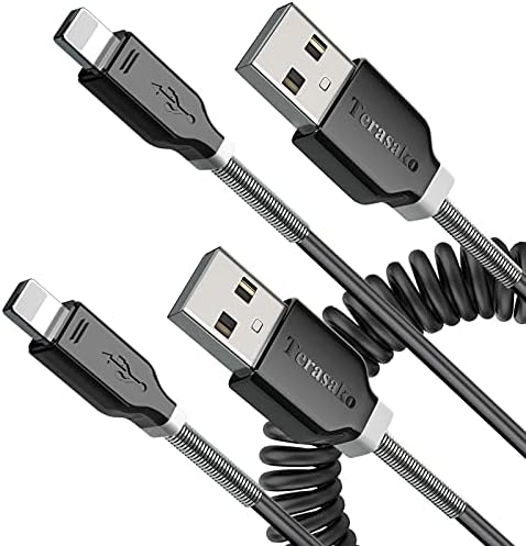 Terasako Coiled Lightning Cable for Car – 2 Pack, Flexible i Phone Charging Solution for 12 Pro Max, 12, 11, XS, XR & More – Durable, Tangle-Free Design with Fast Charging for On-the-Go Power