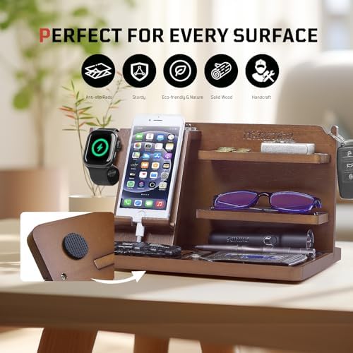 Nightstand Organizer, Wood Phone Docking Station with Adjustable Rack, Bedside Desk Organizer, EDC Tray for Men, Dads, Husbands – Ideal for Anniversaries and Birthdays – Dark Brown – Enhanced Compatibility and Speed
