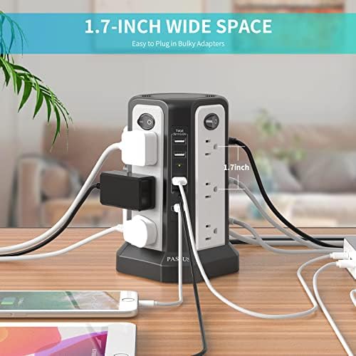 Maximize Power Distribution with the PASSUS Surge Protector Tower – 12 AC Outlets, 5 USB Ports Including 18 W USB C, 10 FT Extension Cord, Space-Saving Flat Plug, Overload Protection for Home and Office Use – Ideal for Multiple Devices and Rapid Charging Solutions