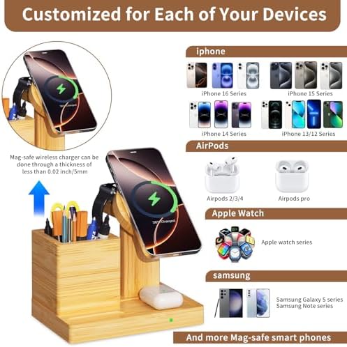 Eco-Friendly 4-in-1 Wireless Charging Dock with Pen Holder – Premium Bamboo Mag Safe Station for i Phone 12-16 Pro, Air Pods & Apple Watch – Fast Charging Solution for Home & Office, Perfect Gift for Tech Enthusiasts