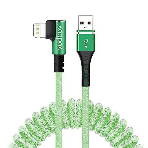 Retractable Green Braided Lightning Cable: 2 ft-8 ft USB-A Fast Charging Cord with Right Angle Connector for i Phone, i Pad, and Air Pods – Ultimate Flexibility and Strength for On-the-Go Charging Solutions