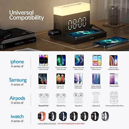6-in-1 Wireless Charging Station with Digital Alarm Clock & Adjustable Night Light – 15 W Fast Charger Compatible with i Phone 14/13/12/11/XS, Samsung Galaxy, Air Pods & Apple Watch – Sleek Black Design for Ultimate Convenience and Organization
