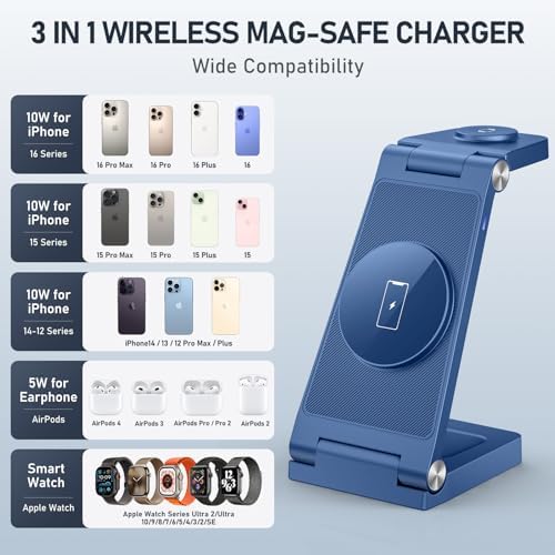 Innovative 3-in-1 Magnetic Wireless Charging Station – Premium Foldable Dock for i Phone 16/15/14/13/12, Apple Watch Ultra/Series 9-2, and Air Pods – Ultimate Travel-Friendly Power Hub with Superior Rapid Charging for Tech Savvy Professionals and On-the-Go Users