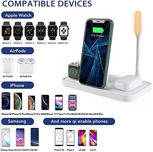 Innovative 4-in-1 Wireless Charging Station Lamp – Seamless Integration for i Phone, Samsung & Qi-Enabled Devices, Effortless Charging for Air Pods & Apple Watch Series 2-6 – Stylish White Design for Home or Office Use – Anti-Slip Base for Stability and Enhanced Convenience
