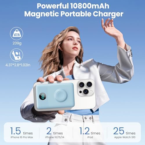 Ultimate 6-in-1 Magnetic Portable Charger, 10800 m Ah Power Bank for i Phone – Features Integrated Cables, Wireless Charging for Apple Watch, Smart LCD Display, and 25 W PD Fast Charging – Perfect Travel Accessory for All Devices with Enhanced Safety Features and Compatibility for i Phone 12 to 16 Series
