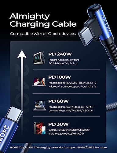 Optimize your charging setup with the AINOPE 240 W USB C to USB C Cable, a 6-foot powerhouse engineered for ultimate speed and flexibility. Featuring a right-angle connector, this fast charging cable is perfect for gaming or multitasking without the clutter of tangled cords. Compatible with the latest devices, including i Phone 16 Pro Max, i Phone 15, Mac Book Air/Pro, i Pad Pro, Samsung Galaxy, and Pixel, it delivers an impressive 240 W power output for rapid charging. The dual-pack offers exceptional value, ensuring you have a reliable charging solution wherever you go. Built with premium materials for durability, the sleek grey and blue design enhances your tech aesthetic while providing long-lasting performance. Elevate your device charging experience with this versatile cable, designed for both home and office use, while ensuring seamless connectivity across all your electronics.