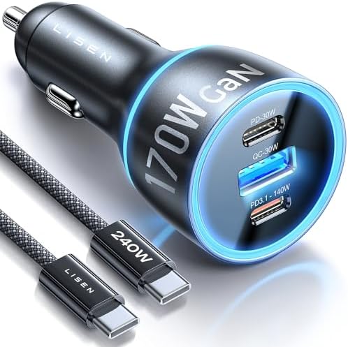 LISEN 170 W Ga N Car Charger – Ultra-Fast USB-C Adapter for i Phone 16 Pro Max, Samsung Galaxy S25 Ultra, & Mac Book Pro – Dual Port PD3.1 Technology for Rapid Laptop & Smartphone Charging – Compact & Durable Cigarette Lighter Charger for All Modern Devices