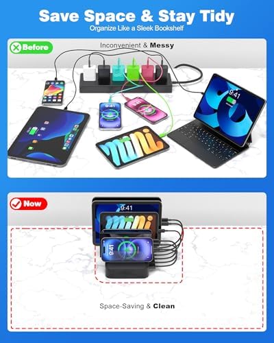 MSTJRY Multi-Device Charging Station: 6-Port USB Fast Charger Hub for Family Organization – Sleek Black Dock for i Phone, i Pad, Android, and Tablets – Smart Charging Technology with Safety Features for Efficient Power Management