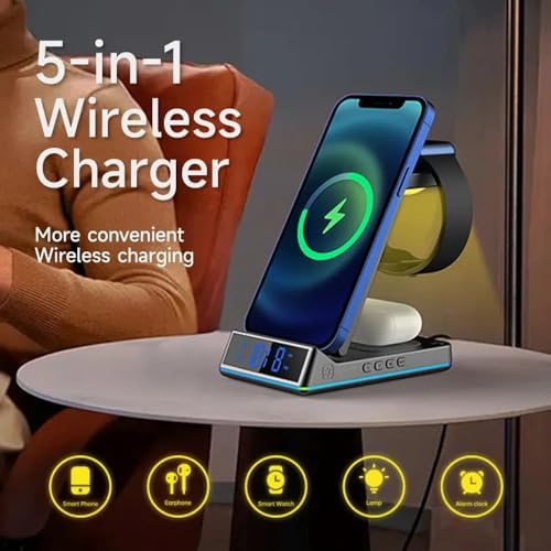 Revolutionary STC 5-in-1 Wireless Charging Station with Integrated Clock, Alarm, and Soothing Night Light – 15 W Qi Fast Charging for i Phone, Air Pods, and Apple Watch – Ultimate Space-Saving Solution for Modern Tech Enthusiasts