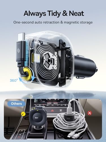 Baseus Ultra-Mini 60 W Fast Charging Retractable Car Charger with USB C Cable – Compact, Tangle-Free Design for i Phone 16, Samsung Galaxy S25 Ultra, and More – Ultimate Travel Companion for Rapid Device Power-Up and Enhanced Safety Features