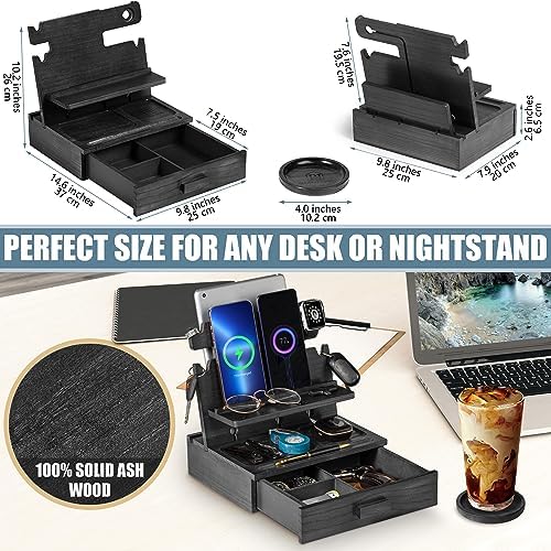 Wood Phone Docking Station for up to 3 Phones – Nightstand Organizer for Men & Women Holds Phones, Tablets, Keys, Rings, Glasses, Watches, EDC & More – with Special Drawer for Valuables – Enhanced Compatibility and Speed