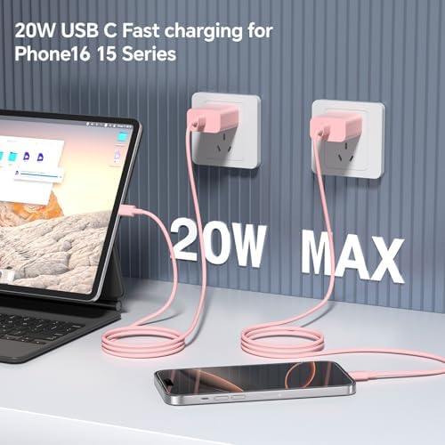 20 W Fast Charging USB C Charger Block in Chic Pink – Includes 6 TF/10 FT Type C to USB-C Cable – Optimized for i Phone 16 Series, i Pad & More – Perfect for Home, Office & Travel – Safe, Reliable, and Stylish Charging Solution