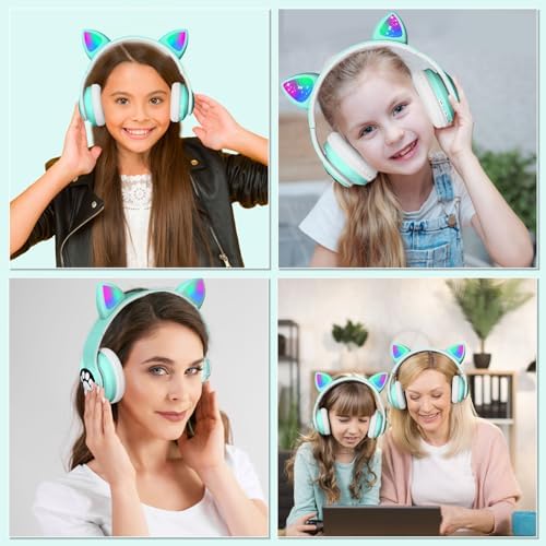 Playful Cat Ear Bluetooth Headphones for Kids – Foldable Over-Ear Design with LED Lights, Safe Listening Volume Control, Built-in Microphone, and Multi-Device Connectivity – Ideal for Music, Movies, and Gaming on i Phones, i Pads, Smartphones, and More!