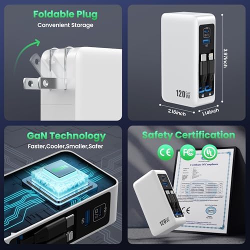 120 W Ga N IV USB-C Charger Station with Dual Retractable Cables – Fast Charging Wall Adapter for Mac Book, i Pad, i Phone 16/15/14, Galaxy S24 & Android Devices – Compact 4-in-1 Foldable Design for Effortless Travel and Enhanced Compatibility