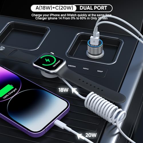 38 W Dual Port Fast Car Charger for Apple Watch & i Phone – USB-C PD & QC3.0 Charging Adapter with 6 ft Lightning Cable – Power Up Your Devices on the Go with Enhanced Compatibility and Safety Features