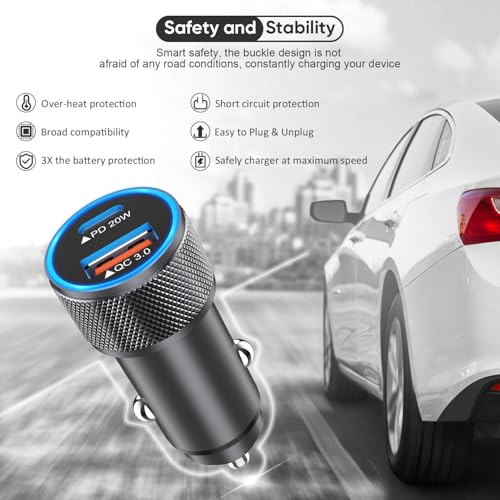 38 W Dual Port Fast Car Charger for Apple Watch & i Phone – USB-C PD & QC3.0 Charging Adapter with 6 ft Lightning Cable – Power Up Your Devices on the Go with Enhanced Compatibility and Safety Features