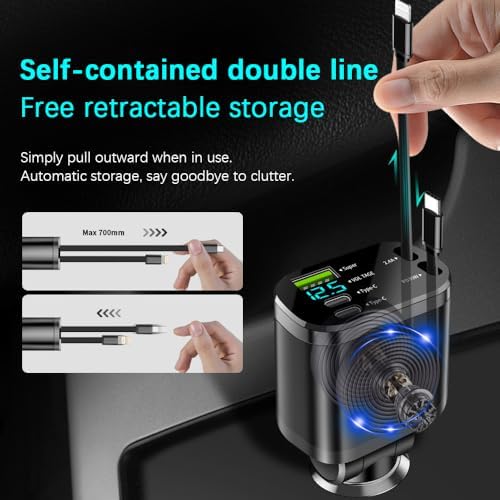 90 W Multi-Port Fast Charging Car Charger with Voltage Detection – Dual USB-C and USB-A Ports, PD 30 W Retractable Cable for i Phone 15/16, Samsung, Android & More – Ultimate Charging Solution for Road Trips and Daily Commutes