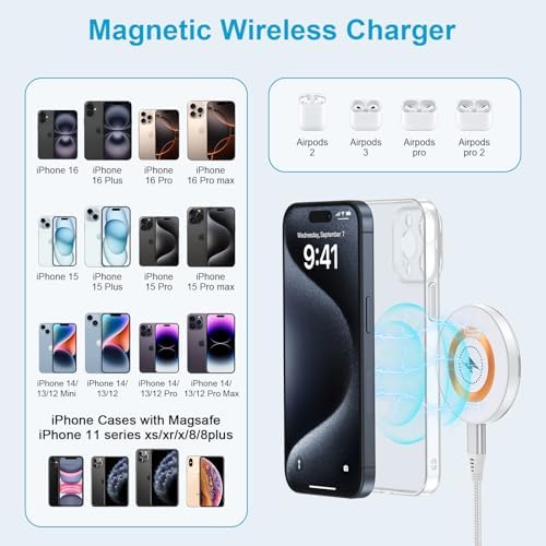 SIXSIM 15 W Magnetic Wireless Charging Pad with 20 W PD3.0 Adapter – Fast & Reliable Charger for Galaxy S25 Series, i Phone 16/15 Pro Max, and Google Pixel 9/8 Pro – Compact & Portable Design for Effortless Charging Anywhere, Supports Through-Case Charging Up to 5 mm – Enhanced Safety Features with Fire-Resistant ABS Material – Ideal for On-the-Go Charging Solutions – Includes 3 ft USB-C to USB-C Cable for Instant Power Connectivity – Elevate Your Charging Experience with Superior Magnetic Attraction and Versatile Compatibility for All Wireless-Charging-Enabled Devices – Perfect for Home, Office, or Travel Use – 24/7 Customer Support for a Hassle-Free Purchase Experience