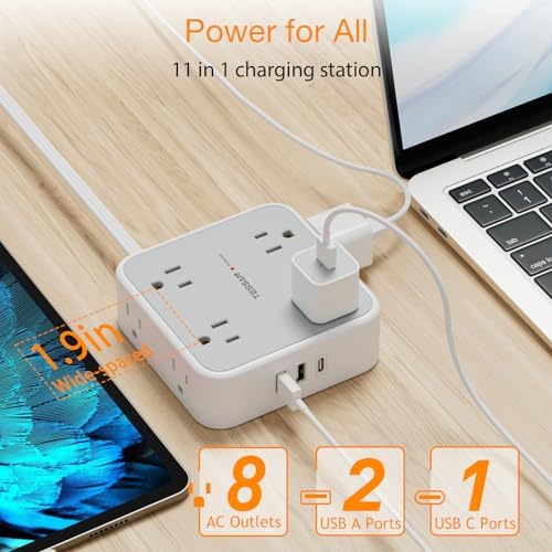TESSAN Power Strip Tower Surge Protector: 8 AC Outlets & 3 USB Ports (1 USB-C) with 900 Joules Protection, 5 FT Flat Plug Extension Cord – Ultimate Desk Charging Station for Home Office and Dorm Room Efficiency
