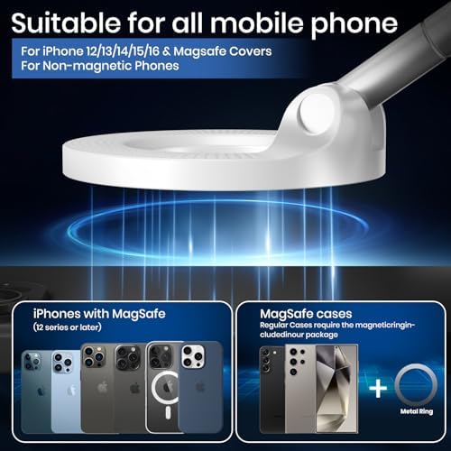 Upgraded 360° Vacuum Magnetic Phone Holder, Suction Cup Phone Mount, Foldable Strong Magnetic Cell Holder for Car/Gym/Mirror/Smooth Surface, Compatible with Magsafe iPhone (White) – Enhanced Compatibility and Speed