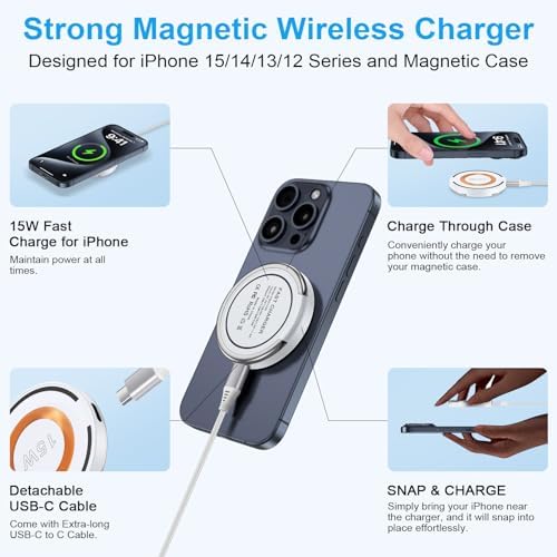 Magnetic Wireless Charger Pad – 15 W Fast Charging Station for Samsung Galaxy S24, i Phone 16 Pro Max, and Pixel 9 Pro with Built-in Kickstand for Enhanced Viewing – Universal Compatibility and Stylish Design for Home or Travel