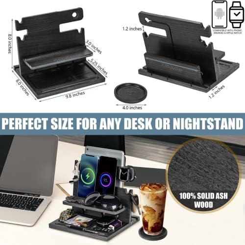 Premium Black Wood Multi-Device Docking Station – Sleek Nightstand Organizer with Hidden Drawer for Valuables, Ideal for Phones, Tablets, Apple Watch, Keys, and EDC Essentials – Streamlined Charging and Elegant Design for Home or Office