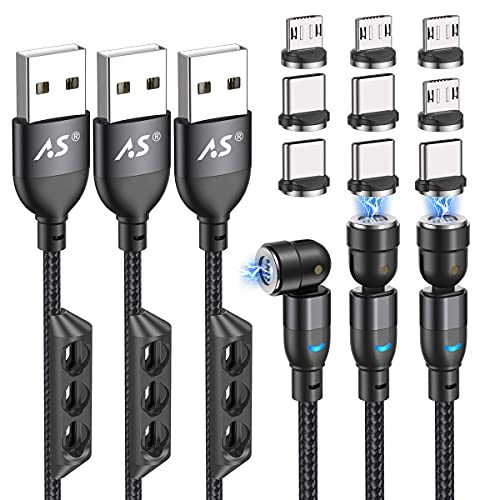 Revolutionize Your Charging Experience with A.S 3-in-1 Magnetic Charging Cable – Versatile 3-Pack (3.3 ft + 2 x 6.6 ft) Featuring 540° Rotating Connector for Effortless Alignment, Fast Charging & Durable Nylon Braiding – Perfect for i Phone, Android & Type-C Devices