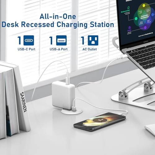 Revolutionize Your Workspace with the 2-Inch Desk Power Grommet Featuring PD 20 W USB-C Fast Charging, Ultra-Flat Plug Design, and Recessed Outlet for Seamless Cable Management – Perfect for Home or Office Use with 6 ft Power Cable (White)