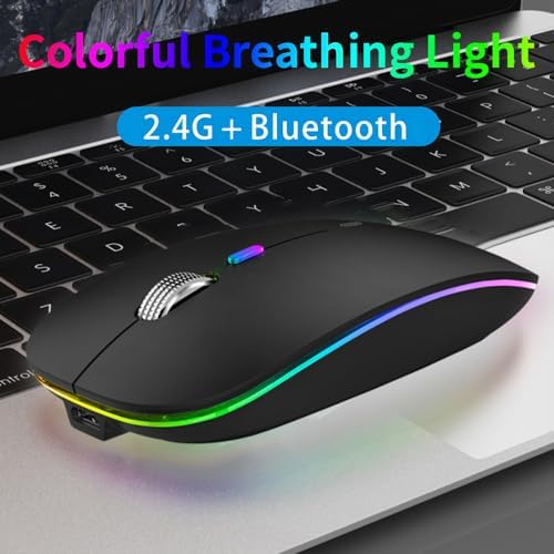 TENMOS Sleek LED Bluetooth Mouse – Ultra-Quiet Rechargeable Wireless Mouse with Type C Adapter for Laptops, Mac Books & i Pads – Bluetooth 5.1 & 2.4 GHz Universal Compatibility in Vibrant Blue – Perfect for Home, Office, and On-the-Go Productivity